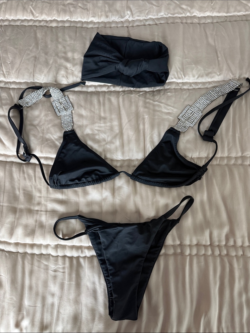 Black Bikini Set with Rhinestone Strap and Headband